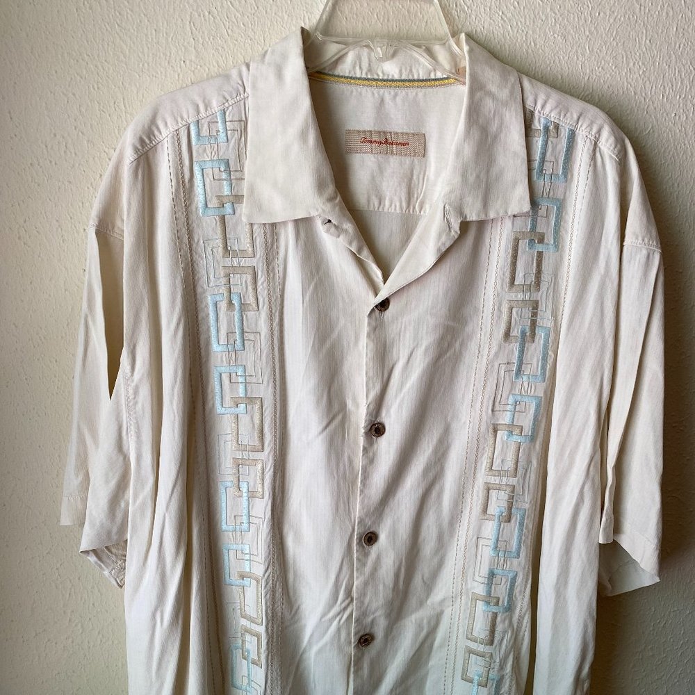 Tommy Bahama 100% Silk Men's Beige Embroidered Shirt Top size XXL Button down